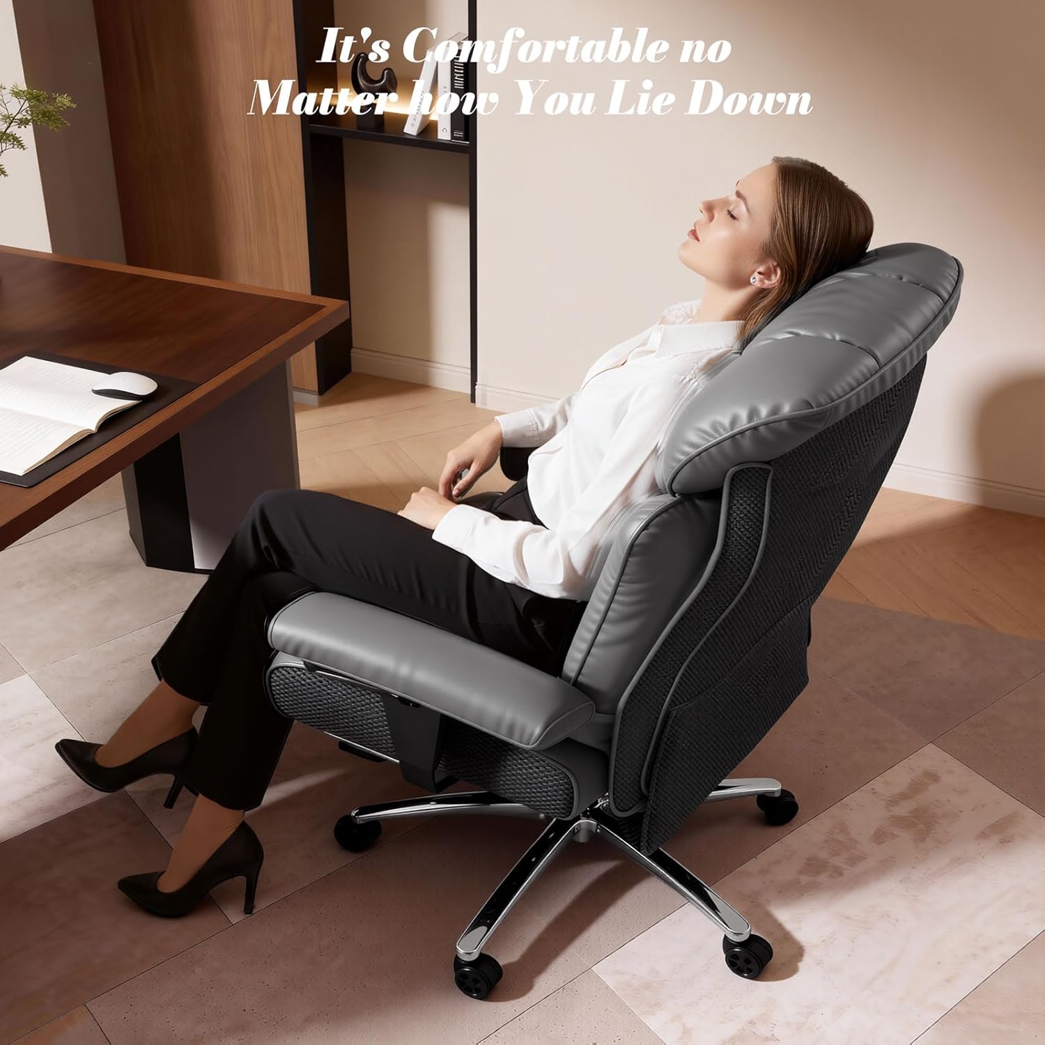 Efomao Big and Tall Office Chair 400lbs - Heavy Duty Executive Desk Chair with Foot Rest & 23" Wide Seat - High Back Ergonomic Leather Computer Chair for Heavy People, Home Office, Grey