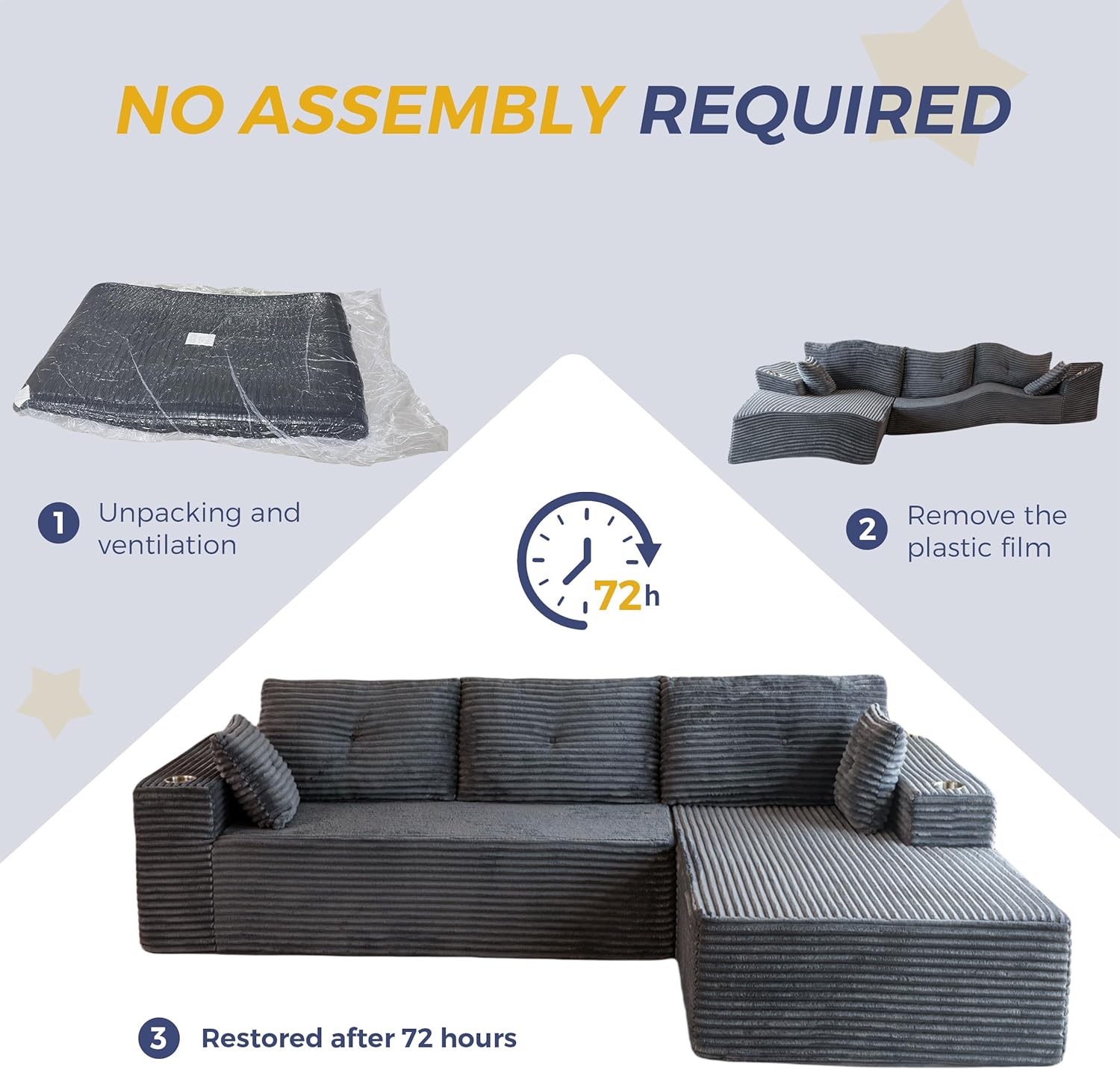MAXYOYO 104" Modular Sectional Couch with L-Shape Chaise, Modern Boneless Couch for Living Room, Sofa in A Box, Oversized Sofa Sleeper with Deep Seat, No Assembly Required, Dark Grey