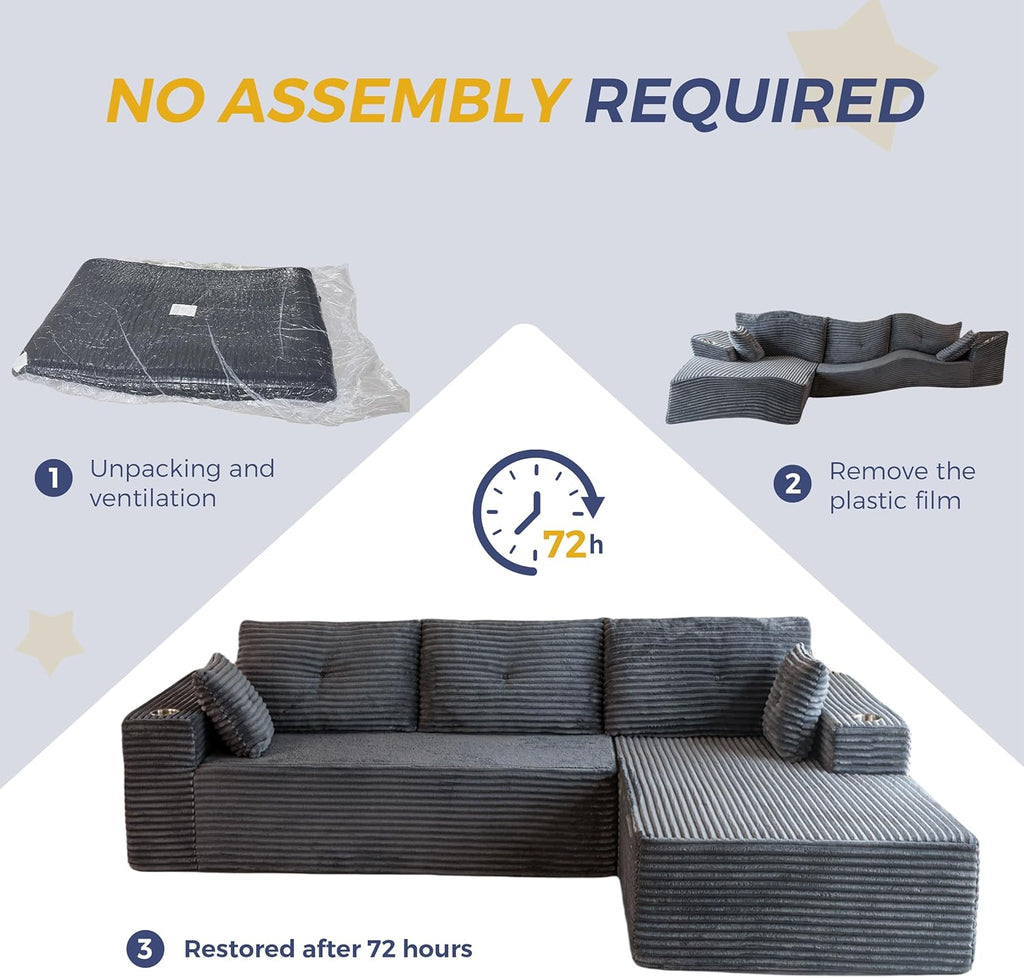 MAXYOYO 104" Modular Sectional Couch with L-Shape Chaise, Modern Boneless Couch for Living Room, Sofa in A Box, Oversized Sofa Sleeper with Deep Seat, No Assembly Required, Dark Grey