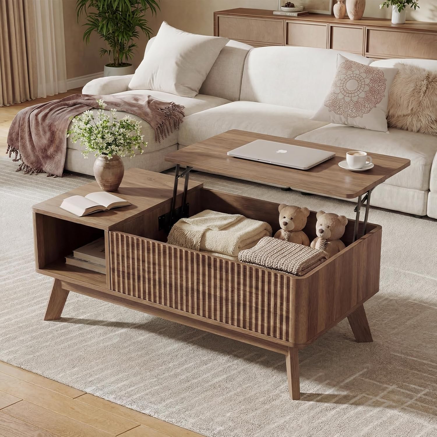 Wood Lift Top Coffee Table with Hidden Compartment and Large Storage Shelf, Lift Tabletop Dining Center Table for Home Living Room Office,Walnut
