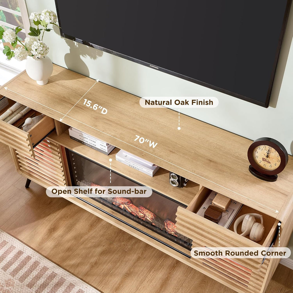 OKD Fireplace TV Stand for 80 Inch TV, Mid Century Modern Entertainment Center w/36 Electric Fireplace & LED Lights, Wood Media Console w/Sliding Slatted Doors & Storage Shelf, Natural Oak