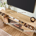 OKD Fireplace TV Stand for 80 Inch TV, Mid Century Modern Entertainment Center w/36 Electric Fireplace & LED Lights, Wood Media Console w/Sliding Slatted Doors & Storage Shelf, Natural Oak