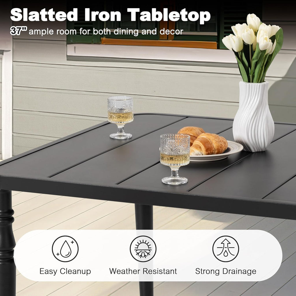 NUU GARDEN Outdoor 37” Dining Table, Square Metal Dining Table with Umbrella Hole, Patio Dining Table with Powder-Coated Frame and Slatted Tabletop, for Garden, Backyard and Balcony, Black