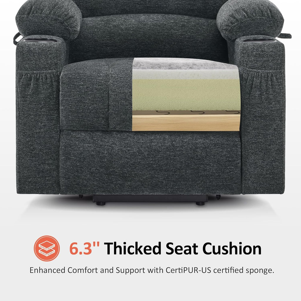 MCombo Power Lift Recliner Chair for Elderly, Lift Chair with Heat and Massage, USB &Type C Ports, Cup Holders, Fabric 7095 (Medium, Dark Grey)