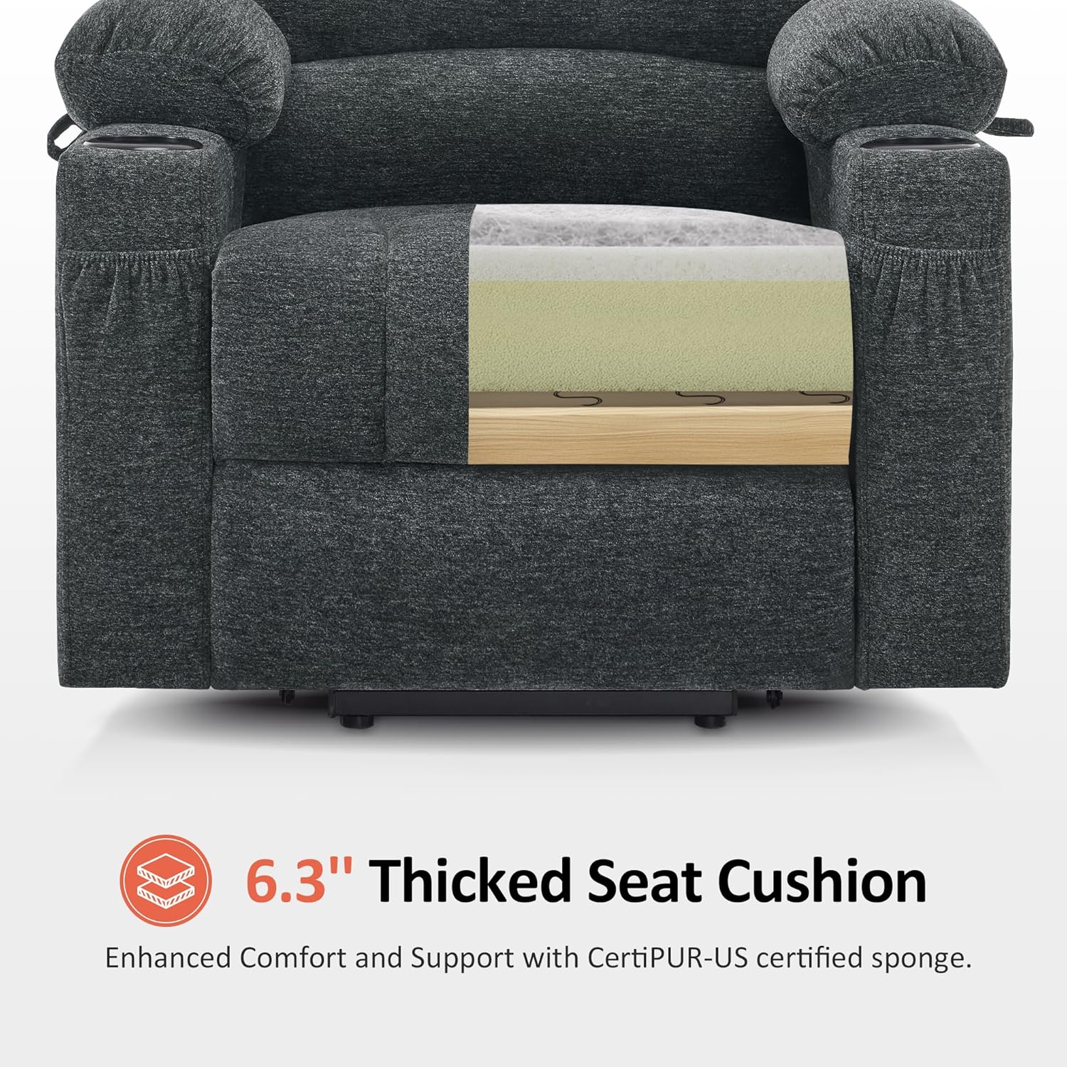 MCombo Power Lift Recliner Chair for Elderly, Lift Chair with Heat and Massage, USB &Type C Ports, Cup Holders, Fabric 7095 (Medium, Dark Grey)