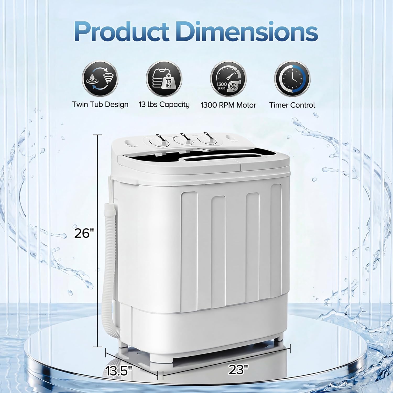 SUPER DEAL Compact Mini Twin Tub Washing Machine 13lbs Capacity Portable Washer Wash and Spin Cycle Combo, Built-in Gravity Drain for Camping, Apartments, Dorms, College, RV’s and Small Spaces