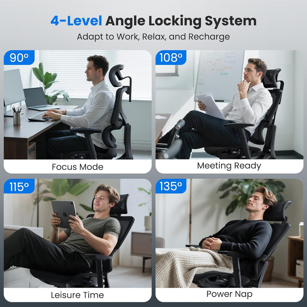 OdinLake L1 Ergo Upgrade 518 Black Ergonomic Mesh Office Chair – Big & Tall 350lbs, Dynamic Lumbar Support, Adjustable Height, Seat Depth, Headrest, Armrests, BIFMA Certified Desk Chair