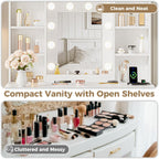IRONCK White Vanity Desk with Mirror & Lights, Farmhouse Makeup Vanity Table with Adjustable 3 LED Modes, Charging Station, 3 Drawers & Storage Shelves, Stool Included