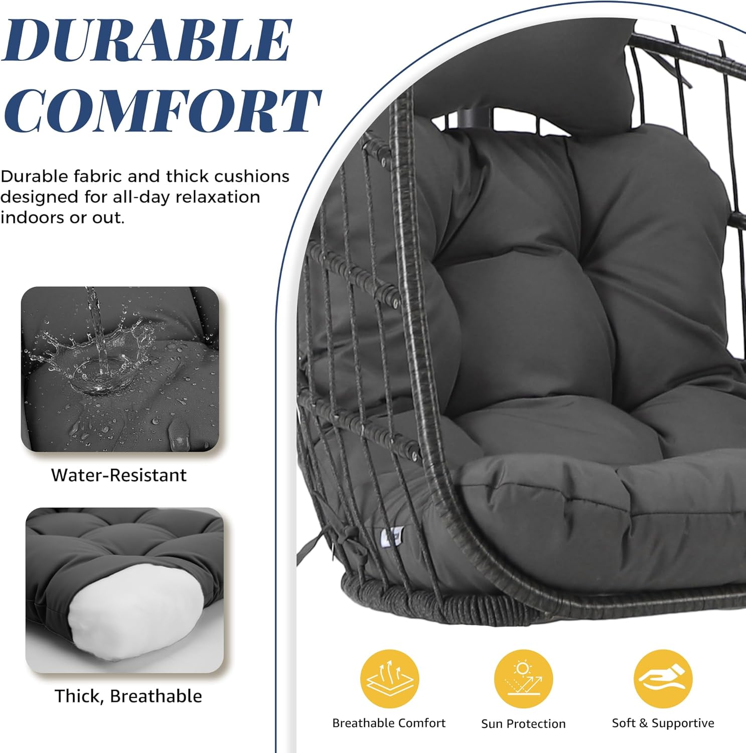 BULEXYARD Hanging Egg Chair Without Stand 350lbs Capacity, Grey Wicker Swing Egg Chair with Dark Grey Cushion for Indoor/Outdoor Patio Porch Balcony, Foldable Hammock & Tree/Ceiling/Beam Mount