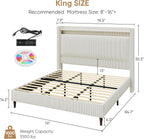 King Size Bed Frame with Tall Headboard, 55.3" Upholstered Platform King Bed Frame, Elegant Corduroy Wingback Bed with LED Lights & Charging Station, No Box Spring Needed, Solid Wood Slats, Cream