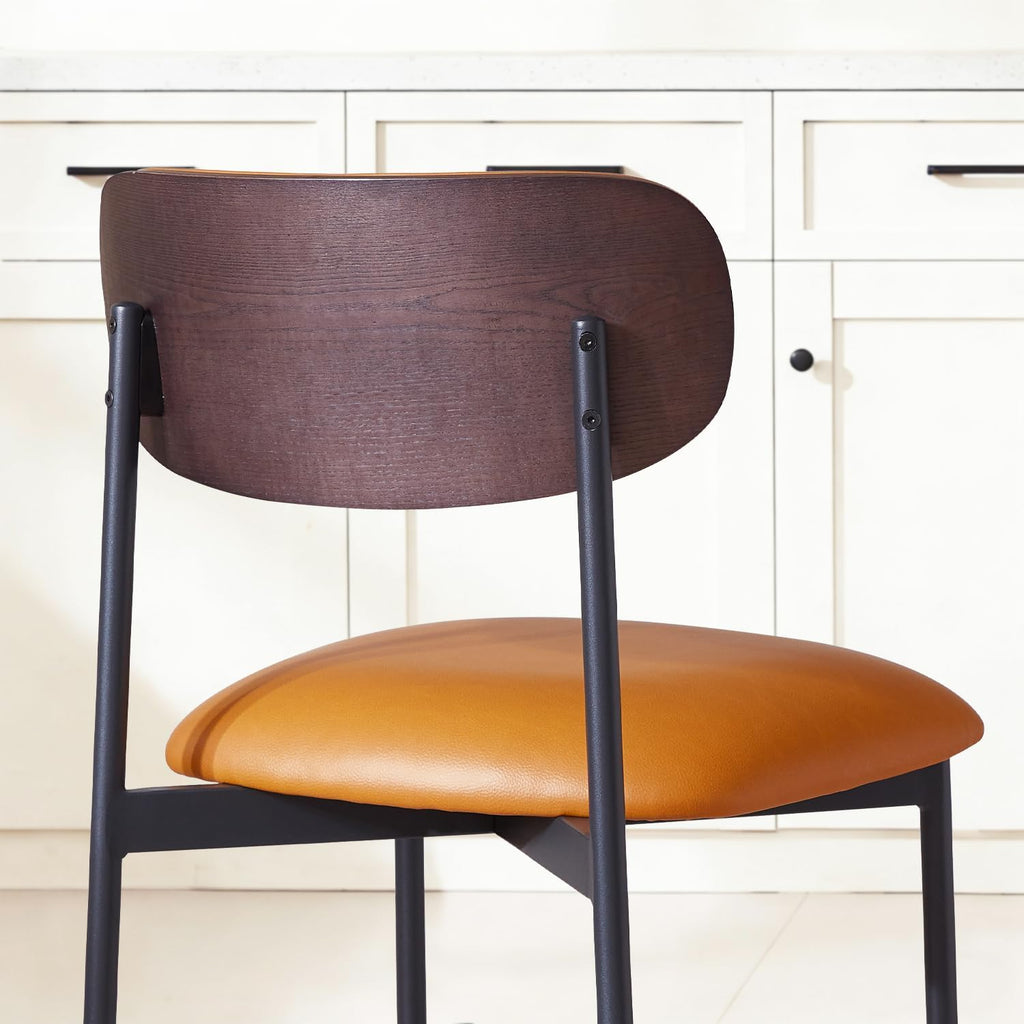 Brown Faux Leather Dining Chairs Set of 4, Armless Upholstered Kitchen Chairs with Wood Grain Back, Modern Dining Room Chairs with Curved Backrest & Black Metal Legs