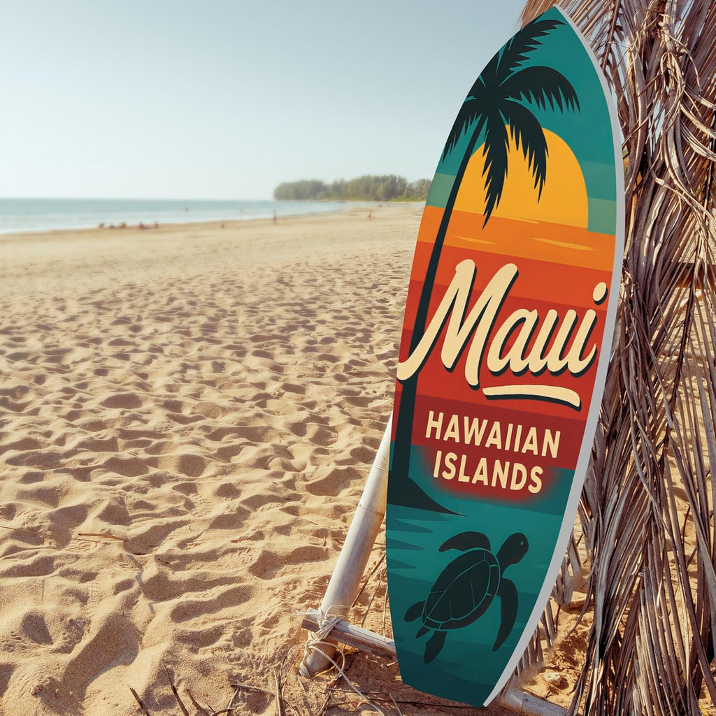 JennyGems Outdoor Surfboard Wall Art - Maui Hawaiian Islands Sign with Palm Tree Sea Turtle, Coastal Beach House Decor Weatherproof PVC, 3 Foot