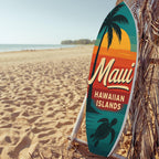 JennyGems Outdoor Surfboard Wall Art - Maui Hawaiian Islands Sign with Palm Tree Sea Turtle, Coastal Beach House Decor Weatherproof PVC, 3 Foot