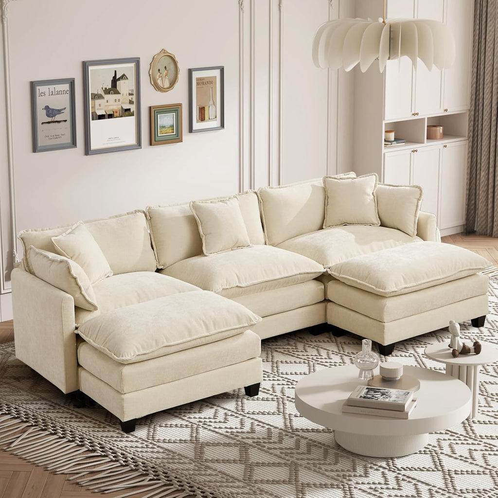 111.5” Modular Sectional Sofa L-Shaped Convertible Couches, 3 Seater Chenille Deep Seat Sleeper Cloud Couch with Pillows and 2 Ottomans for Living Room, Apartment, Office(Beige)