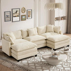 111.5” Modular Sectional Sofa L-Shaped Convertible Couches, 3 Seater Chenille Deep Seat Sleeper Cloud Couch with Pillows and 2 Ottomans for Living Room, Apartment, Office(Beige)