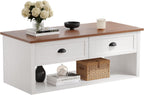 Farmhouse Coffee Table with Storage,62.6" Wide Rustic Center Table with Hidden Storage Compartment, Wood Dining Table for Living Room,Office,Antique White