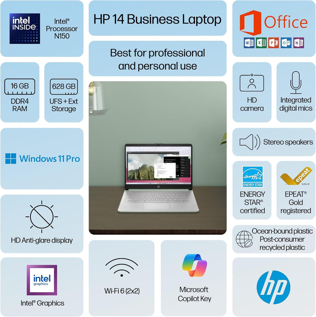 HP 14" Laptop Computer 2025-2026 Business Student  Copilot AI  Lifetime Office  4-Core Intel CPU  16GB RAM  628GB Storage (128GB UFS+500GB Ext)  Wi-Fi 6  10+ Hrs  MarxsolAccessory  Win 11 Pro  Green