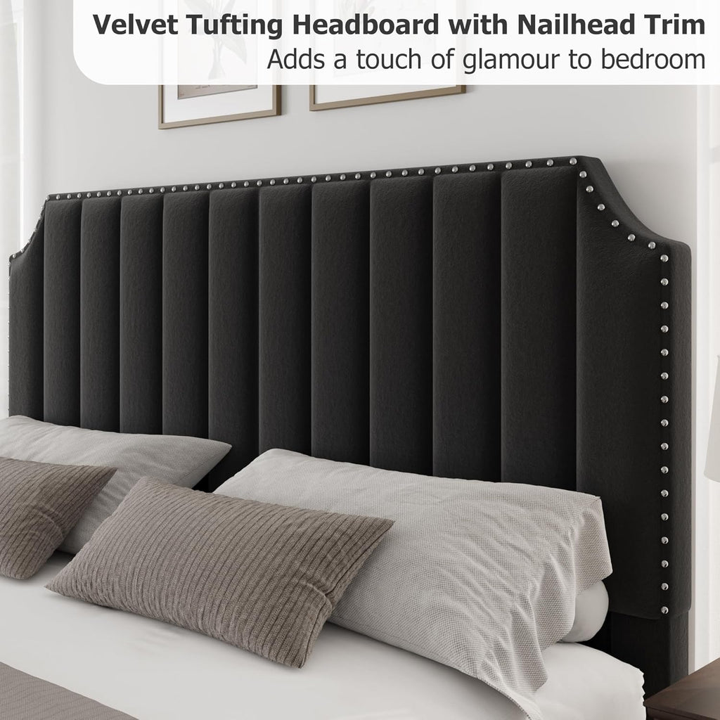 GarveeHome Queen Size Platform Bed Frame with 50.2 in Tall Headboard, Velvet Upholstered Bed Frame Queen with Vertical Channel Tufted Headboard & Footboard, Nailhead Trim, No Box Spring Needed, Black