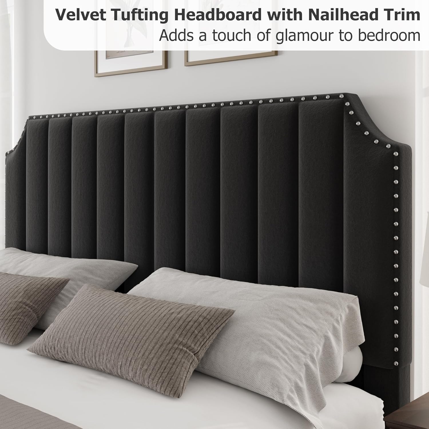 GarveeHome Queen Size Platform Bed Frame with 50.2 in Tall Headboard, Velvet Upholstered Bed Frame Queen with Vertical Channel Tufted Headboard & Footboard, Nailhead Trim, No Box Spring Needed, Black