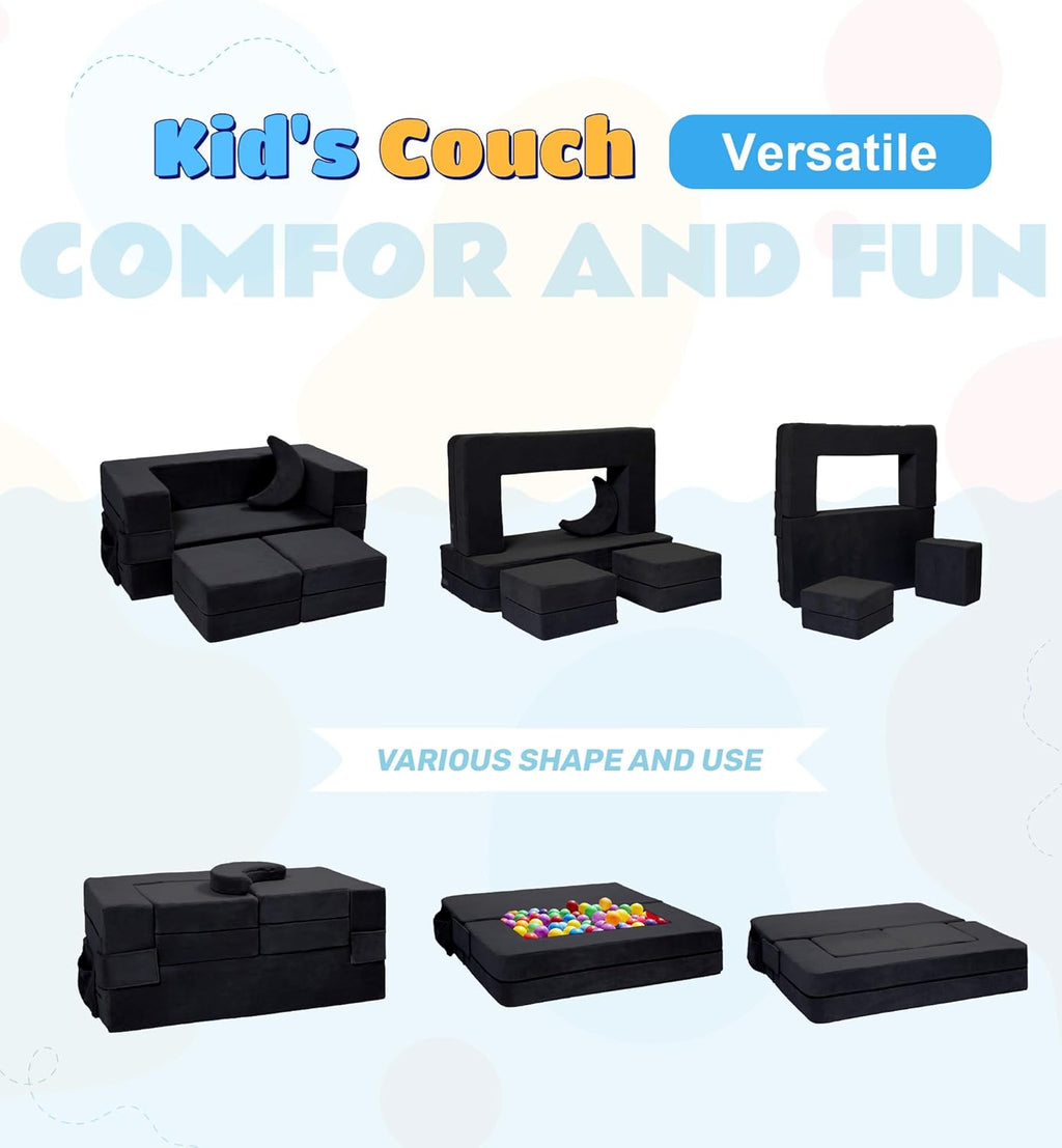 Elftopia Modular Kids Sofa,Toddler Couch Foam Armchair for Kids, Children Convertible Plush Sofa Play Set,Fold Out SofaBed(Black)
