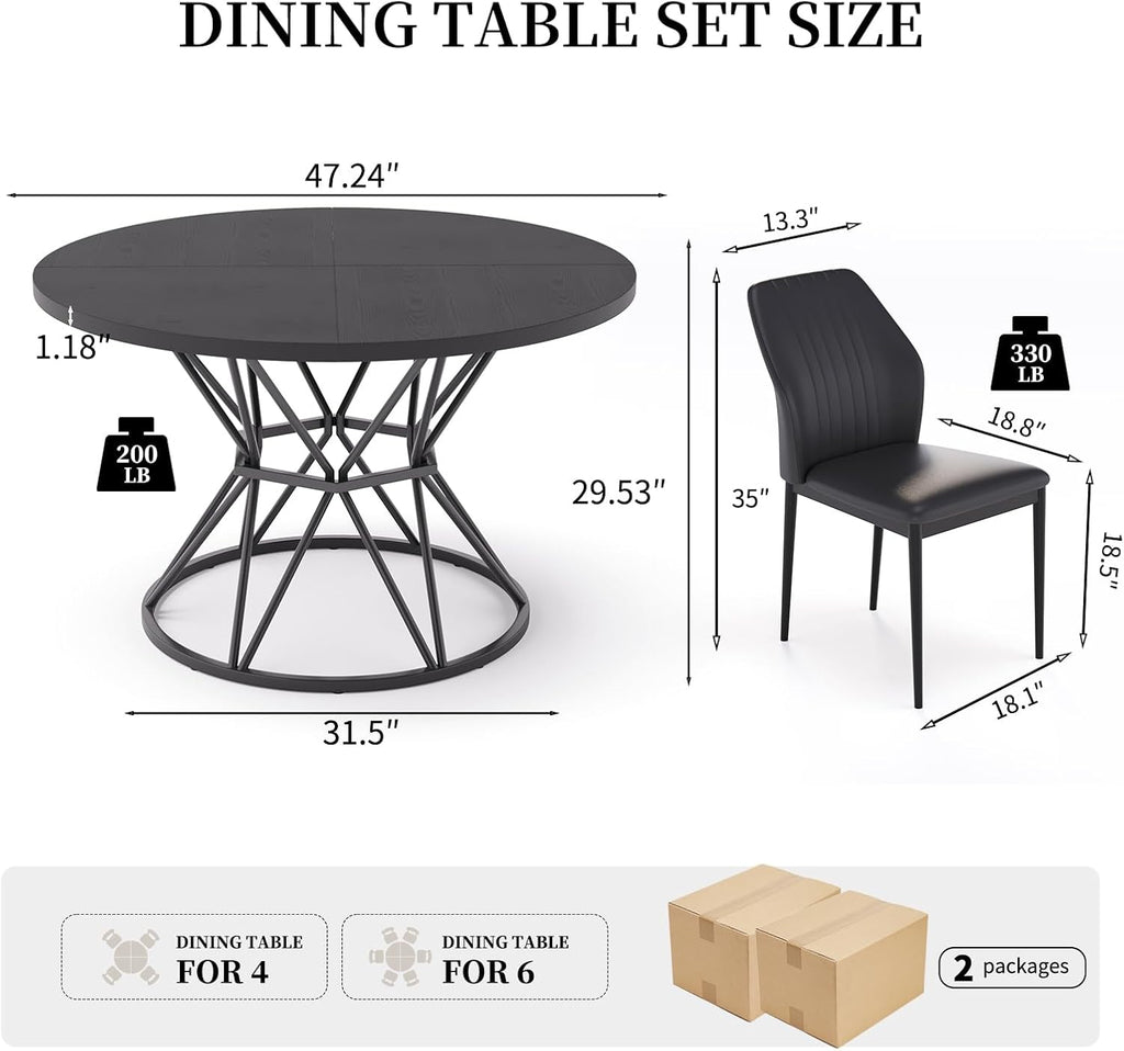 47.24" Round Dining Table Set for 4, 5 Piece Dining Room Table Set, Circle Kitchen Table and Chairs for Dining Room, Living Room, Kitchen, Apartment(Black Table + 4 Black Faux Leather Chairs)