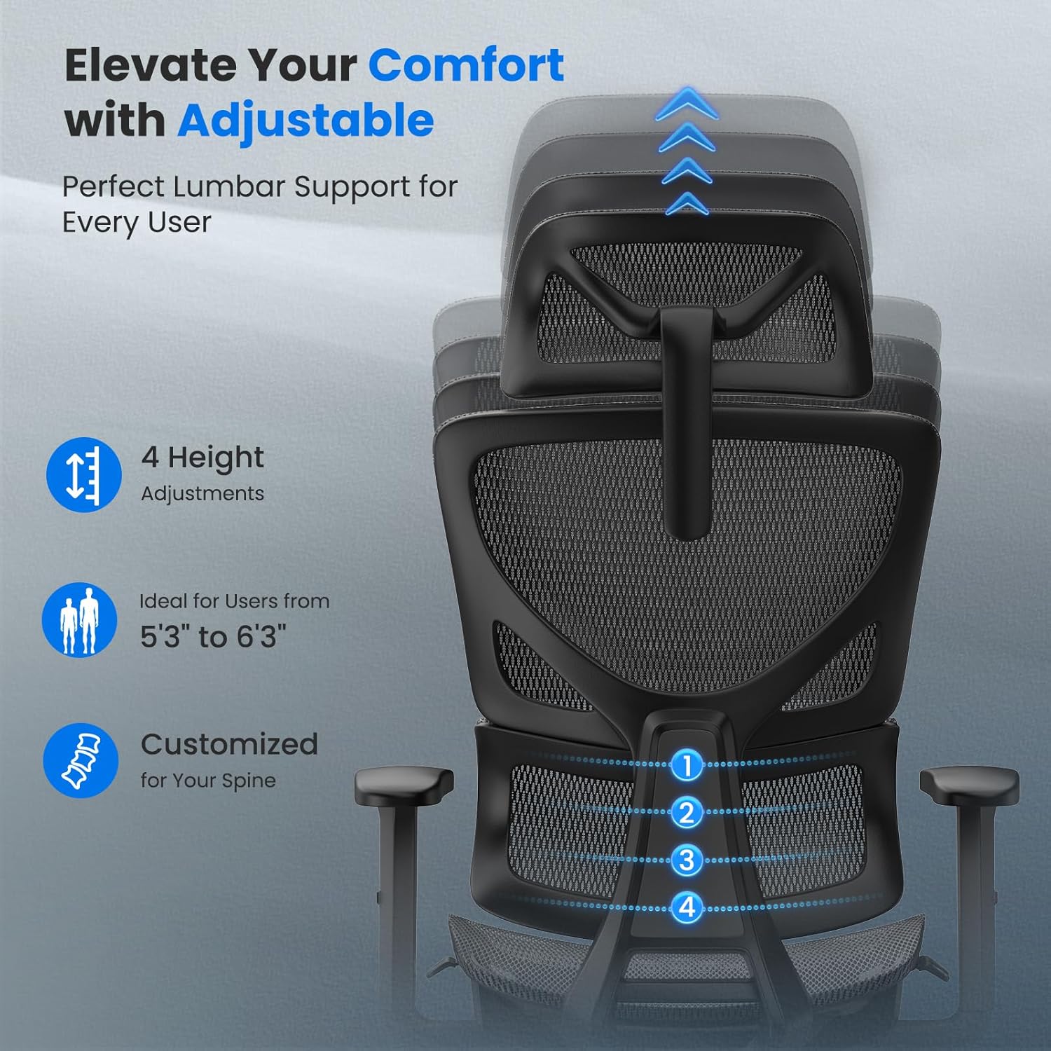 OdinLake L1 Ergo Upgrade 518 Black Ergonomic Mesh Office Chair – Big & Tall 350lbs, Dynamic Lumbar Support, Adjustable Height, Seat Depth, Headrest, Armrests, BIFMA Certified Desk Chair