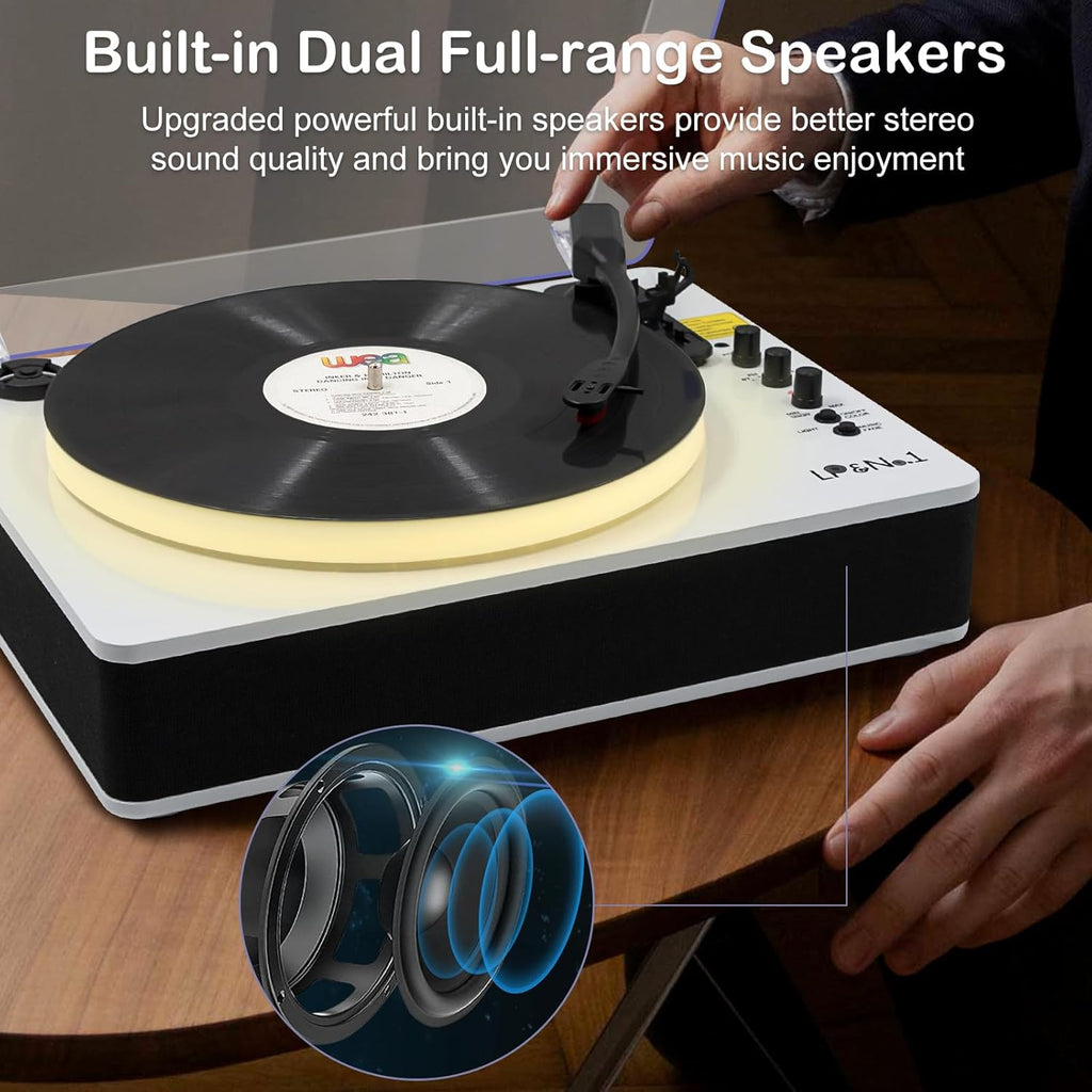 LP&No.1 Record Player with Built-in Stereo Speakers  LED Control  3-Speed Belt-Drive Vinyl Turntable with USB Playback & Recording  Wireless BT Input & Output  Auto Stop  Pitch Control | White Pearl