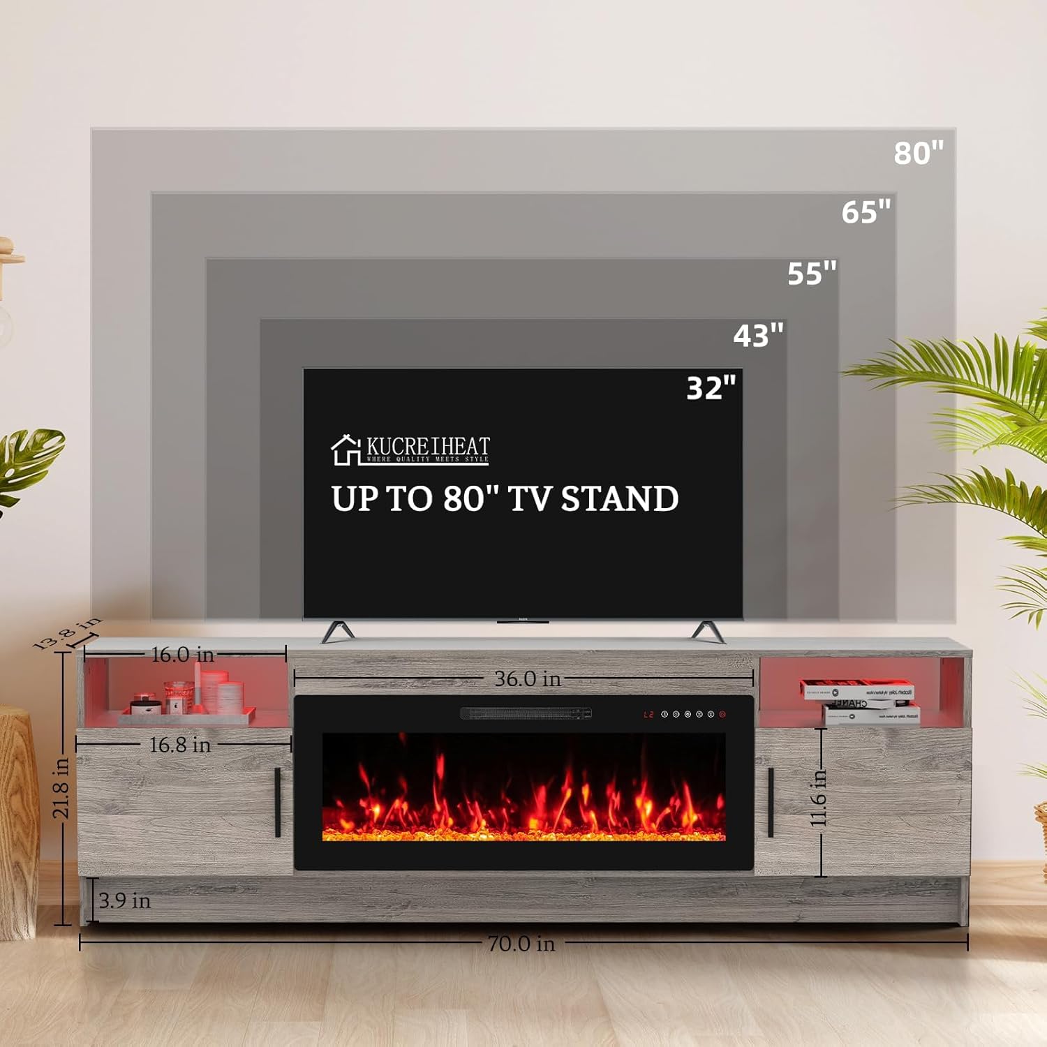 70'' TV Stand with Fireplace, Entertainment Center with Fireplace for 75+inch TV- Grey TV Cabinets with Storage, 20 Led Colors, Cable Management, Modern TV Console for Living Room
