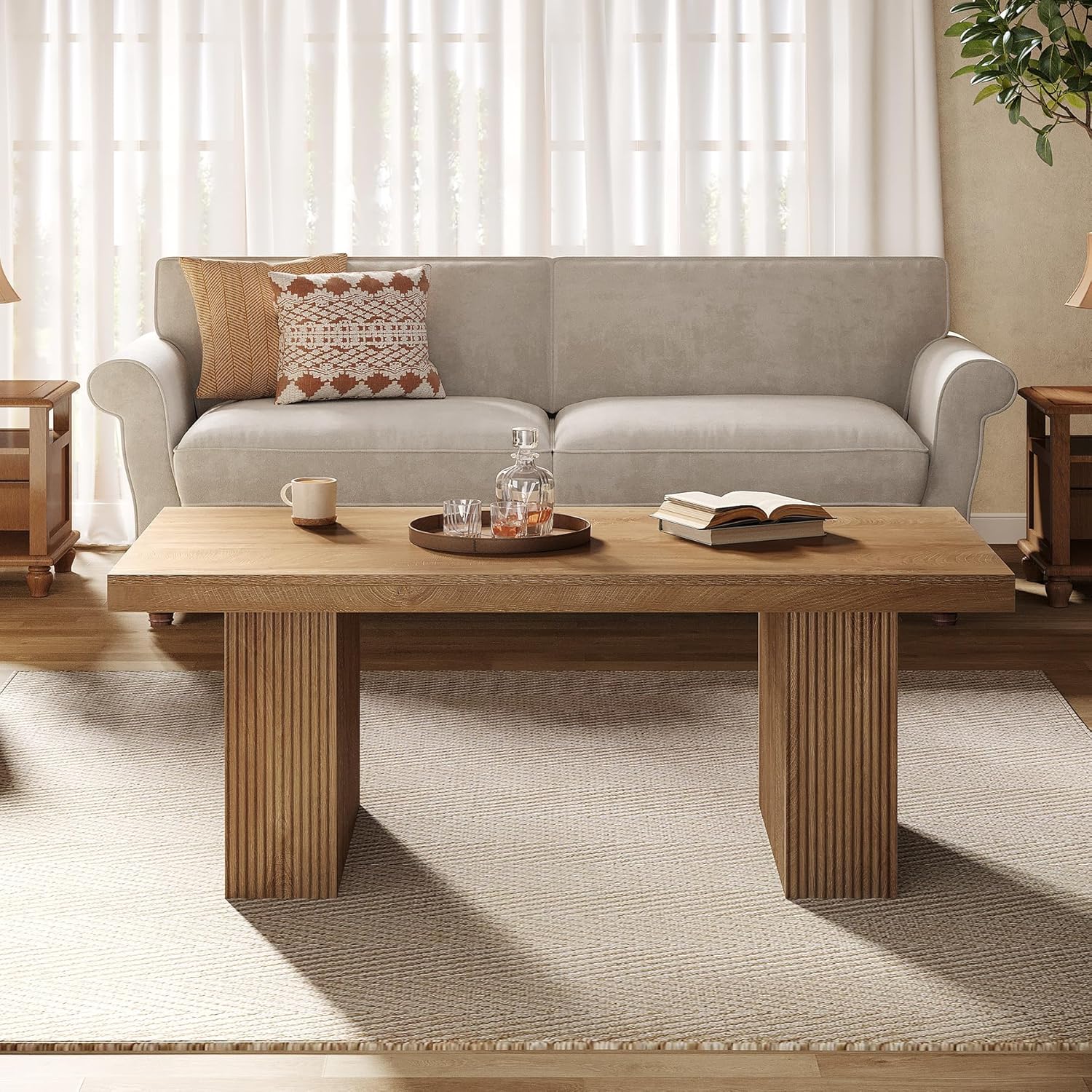 Tribesigns Farmhouse Coffee Table, 47.24 Inch Rectangle Center Table with Large Tabletop & Thick Base, Rustic Wooden Furniture for Living Room, Apartment, Reception Areas, Brown