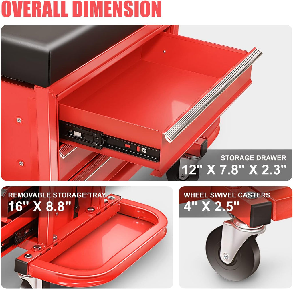 DNA Motoring TOOLS-00261 3-Drawer Tool Chest Rolling Mechanic Seat with Tool Trays,350lbs Max Weight Capacity,Red
