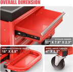 DNA Motoring TOOLS-00261 3-Drawer Tool Chest Rolling Mechanic Seat with Tool Trays,350lbs Max Weight Capacity,Red