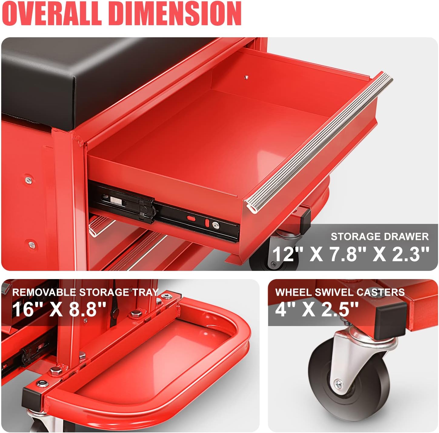 DNA Motoring TOOLS-00261 3-Drawer Tool Chest Rolling Mechanic Seat with Tool Trays,350lbs Max Weight Capacity,Red