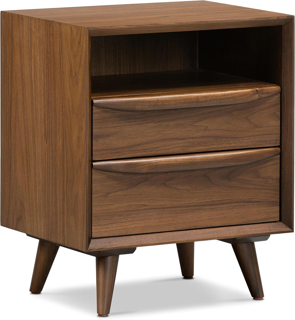 Poly & BARK Cura 22” Nightstand – Solid and Veneered American Black Walnut Bedside Table with Soft‑Close Drawers, Cord Management Cut‑Out and Splayed Solid Walnut Legs