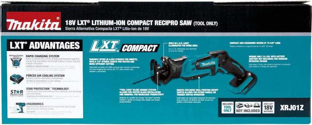 Makita XRJ01Z 18-Volt LXT Lithium-Ion Cordless Compact Reciprocating Saw (Tool Only, No Battery), Bare Tool