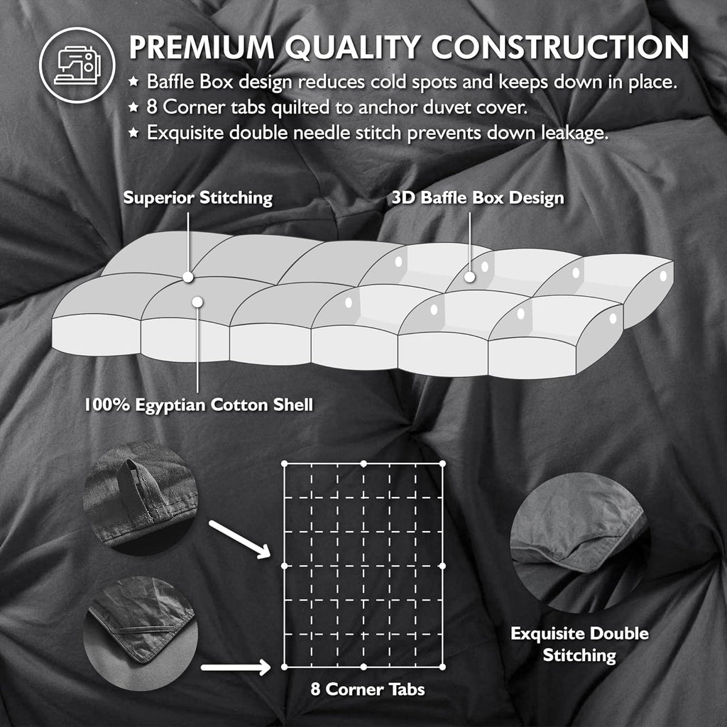 Luxurious All-Season Goose Down Feather Fiber Comforter Queen Size Duvet Insert, Exquisite Pinch Pleat Ruffled Twisted Flower, Premium Baffle Box, 100% Egyptian Cotton Cover, 60 oz. Fill Weight, Gray