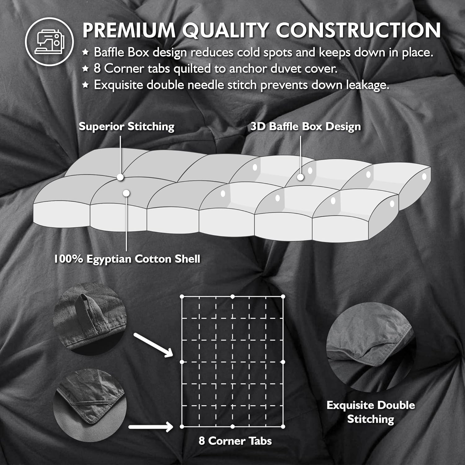 Luxurious All-Season Goose Down Feather Fiber Comforter Queen Size Duvet Insert, Exquisite Pinch Pleat Ruffled Twisted Flower, Premium Baffle Box, 100% Egyptian Cotton Cover, 60 oz. Fill Weight, Gray