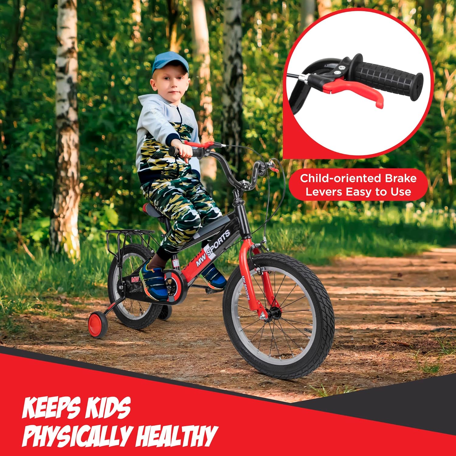 MW Sports 16 inch Kids Bike with Removable Training Wheels, Hand Brakes and Back Relay Rack for Ages 4-6 Years.