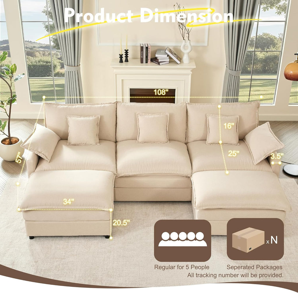 108" U Shaped Couch, Modular Sectional Sofa, 3-Seater Comfy Cloud Couch, Set of Modular Pieces with Movable Ottoman, Deep Seat Couches for Living Room, Linen, Beige