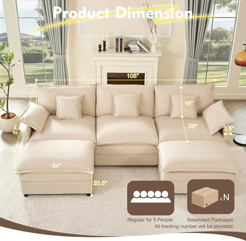 108" U Shaped Couch, Modular Sectional Sofa, 3-Seater Comfy Cloud Couch, Set of Modular Pieces with Movable Ottoman, Deep Seat Couches for Living Room, Linen, Beige