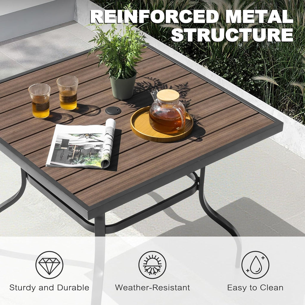 NUU GARDEN Outdoor 37” Square Metal Dining Table, Patio Dining Table with Umbrella Hole, Powder-Coated Metal Table with Faux Wood Tabletop, for Patio, Garden, Backyard and Balcony, Black