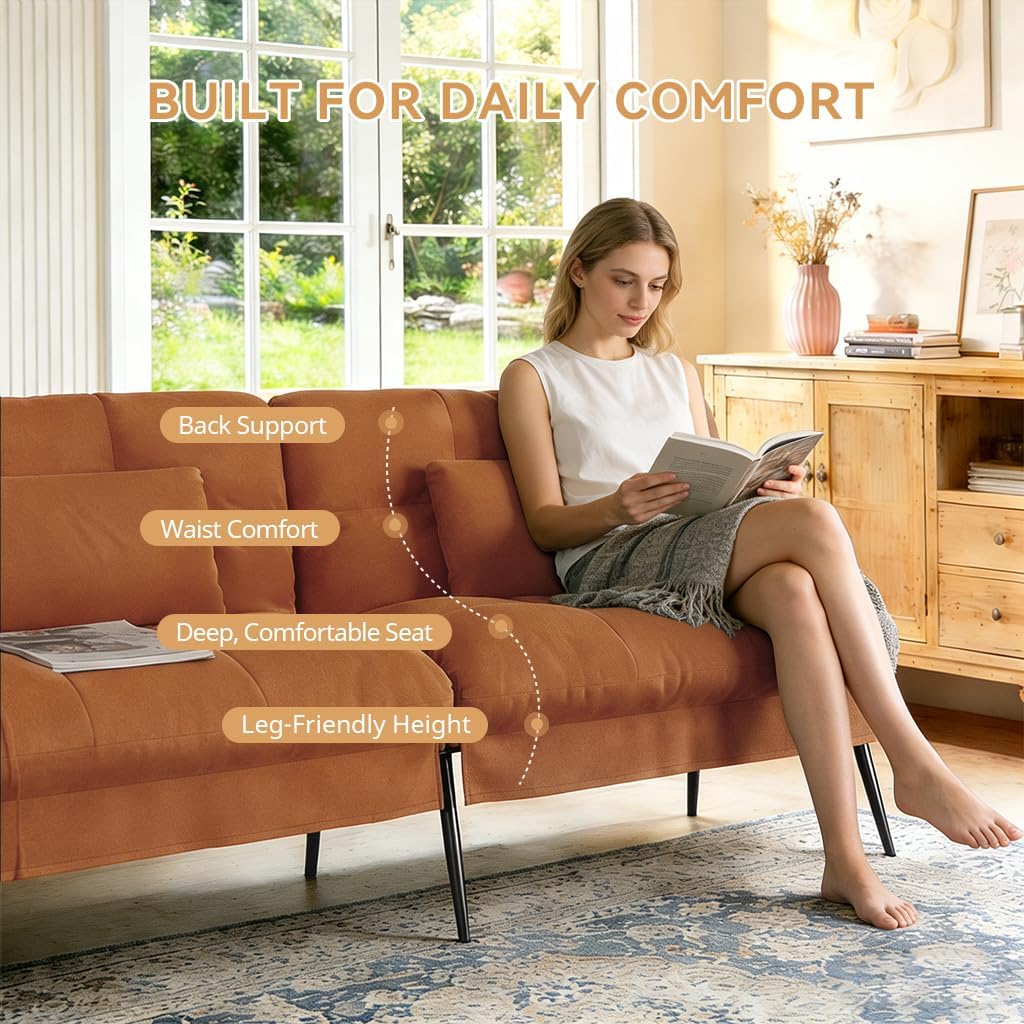 COMHOMA 72″Futon Sofa Bed,Modern Convertible Sleeper Sofa, Fabric Futon Couch with Multi-Position Backrest for Living Room Furniture (Brown)