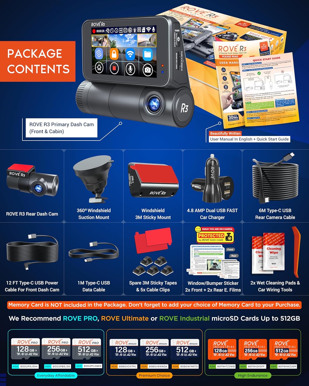 ROVE R3 Dash Cam Front and Rear with Cabin  3” IPS Touch Screen  3 Channel Dash Cam 1440P+1080P+1080P  IR Night Vision  5GHz WiFi  Up to 30MB/s Download Speed  Quad-Mode GPS  Supports 512GB Max