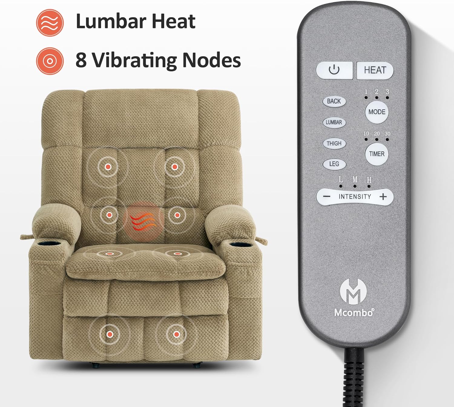 MCombo Oversized Power Lift Recliner Chair for Elderly, Dual Motor Lift Chair with Heat and Massage, Lay Flat Lift Chair for Big and Tall, Cup Holders, Fabric R7891 (Oversize, Beige)