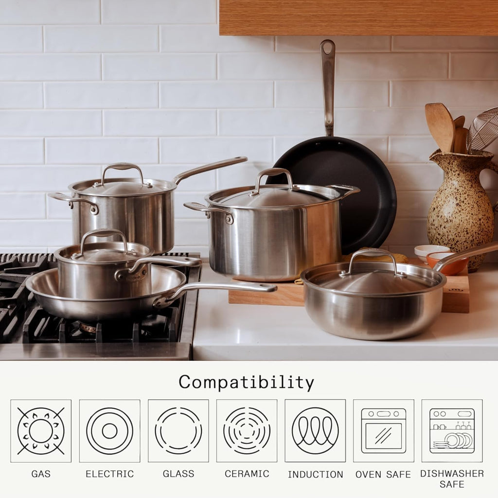 Made In Cookware | 10 Piece Stainless Steel Pot and Pan Set | 5 Ply Clad - Includes Stainless Steel Frying Pans, Saucepans, Saucier and Stock Pot W/Lid | Professional Cookware | Crafted in Italy