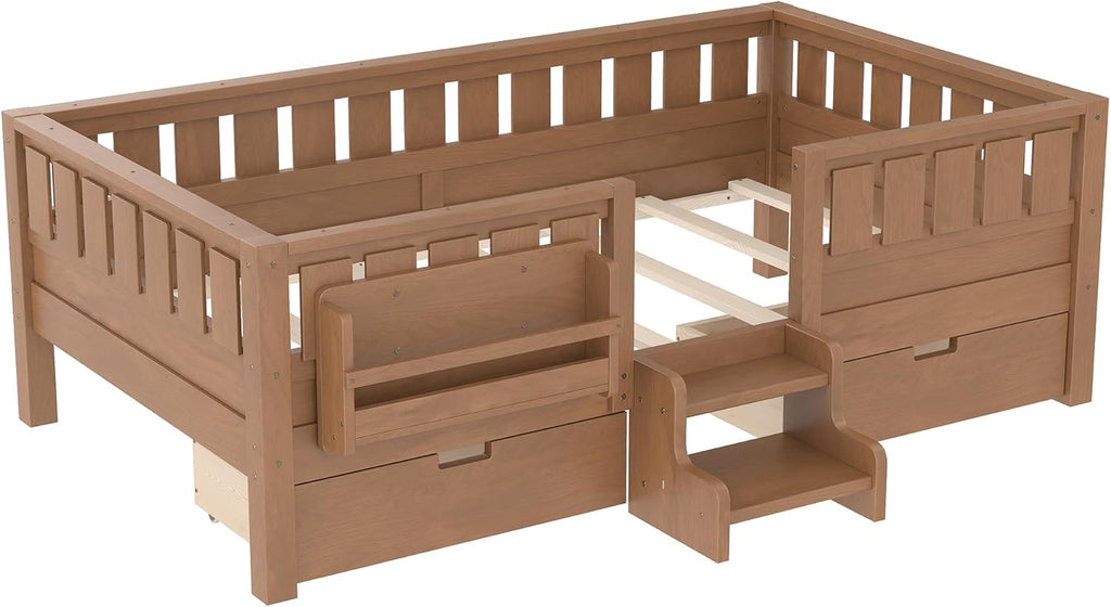 Bellemave Twin Bed with Storage Drawers & Bookshelf, Low Profile Kids Bed Frame with Staircase & Full Length Guardrails, Solid Wood Twin Bed for Kids with Slats Load 300LBS, Easy Assembly, Oak Brown