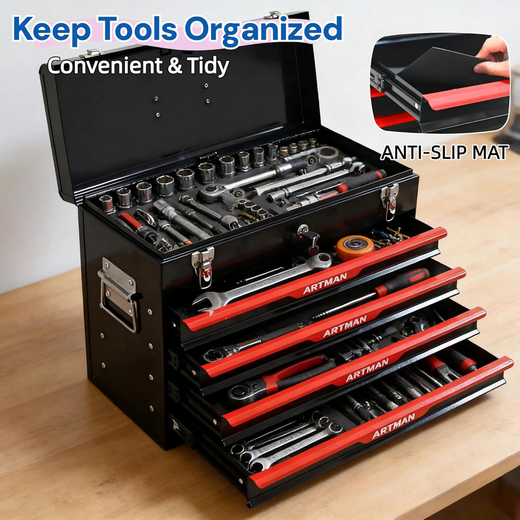 4 Drawers Tool Box, 21" Portable Steel Tool Chest with Top Tool Tray,Key Lock & Latch Closure,Liners,Handle,Ball Bearing Sides, Portable Tool Storage Organizer for Garage Workshop (Black)