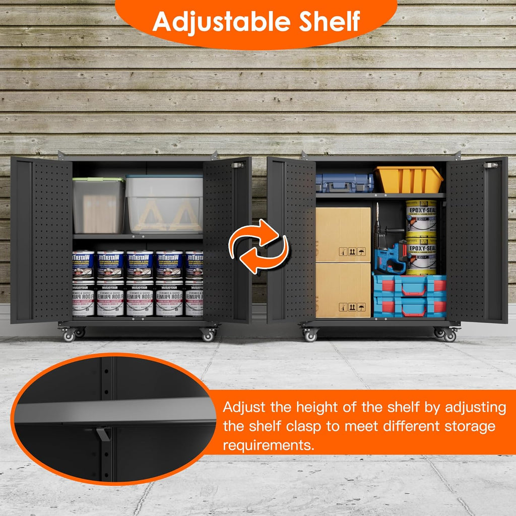 Aobabo 34.3 Inches Metal Storage Cabinet with Wheels and 2 Pegboards, Lockable Rolling Tool Storage Cabinet with 1 Adjustable Shelves for Garage,Assembly Required,Black