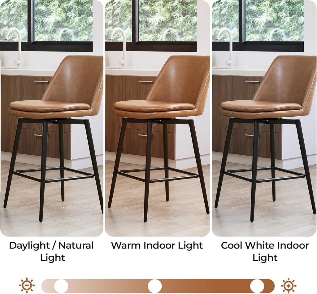 CHITA Swivel Bar Stools, 27.2" Counter Height Bar Stools Set of 3, FSC Certified Upholstered Modern Counter Stools, Metal Legs, Faux Leather, Saddle Brown