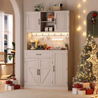 ONBRILL 71" Pantry Cabinet, Kitchen Pantry Storage Cabinet with LED Light & Outlet, Kitchen Hutch with Microwave Shelf & 6 Hooks, Door Shelves & Drawer & Adjustable Shelves, for Dining Room