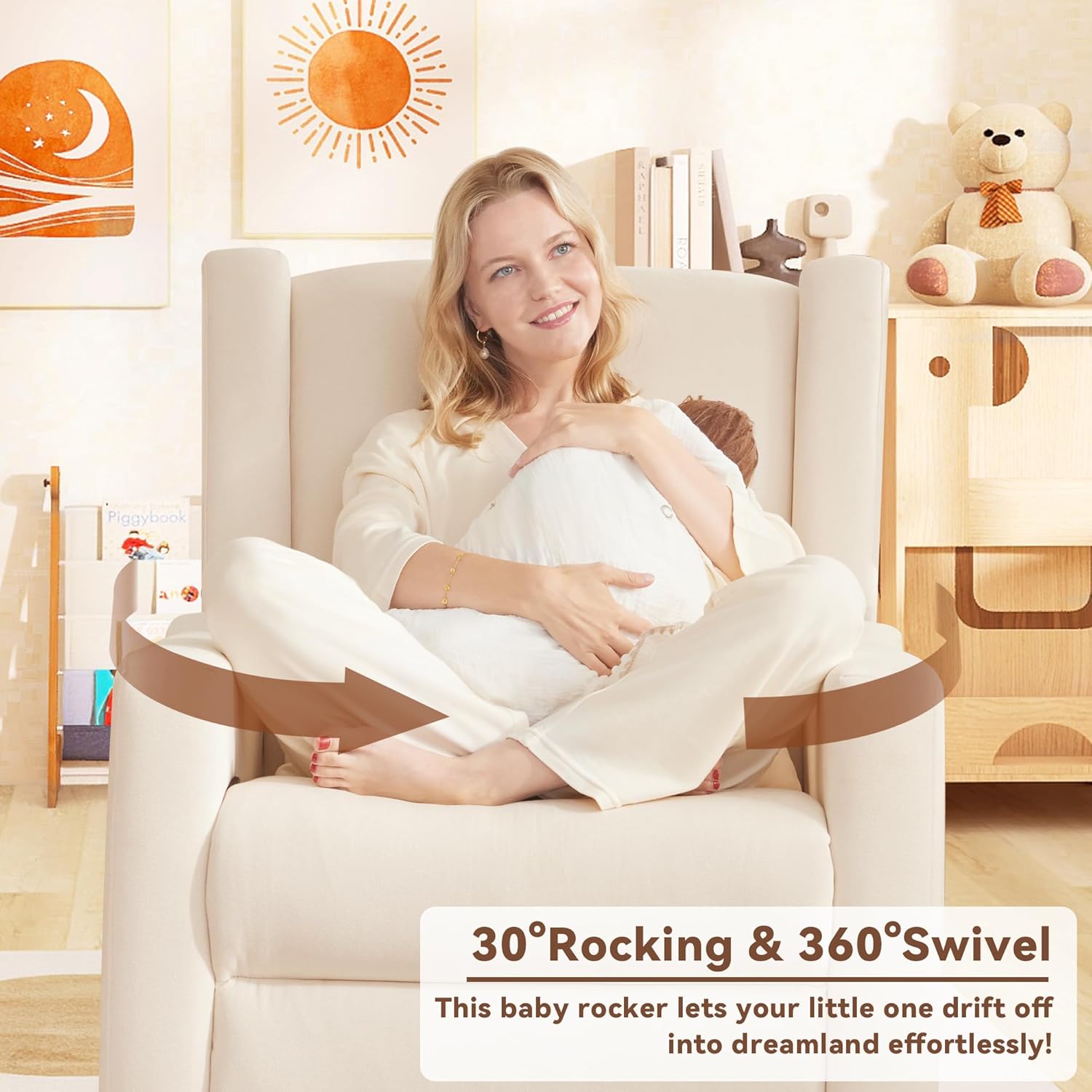 Tbfit 360° Swivel Recliner Chair,Nursery Rocking Chair with Lumbar Support for Bedroom, Comfy Upholstered Armchair with Pillows & Footrest for Living Room (Hidden Ring Handle, Beige)